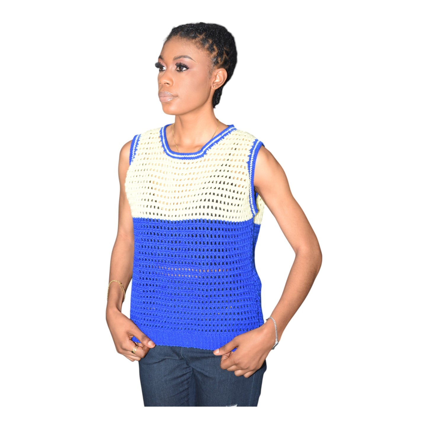 Crochet Female Polo Wool Blue & White Medium – handmade African crochet top