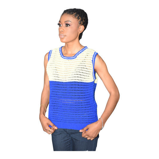 Crochet Female Polo Wool Blue & White Medium – handmade African crochet top