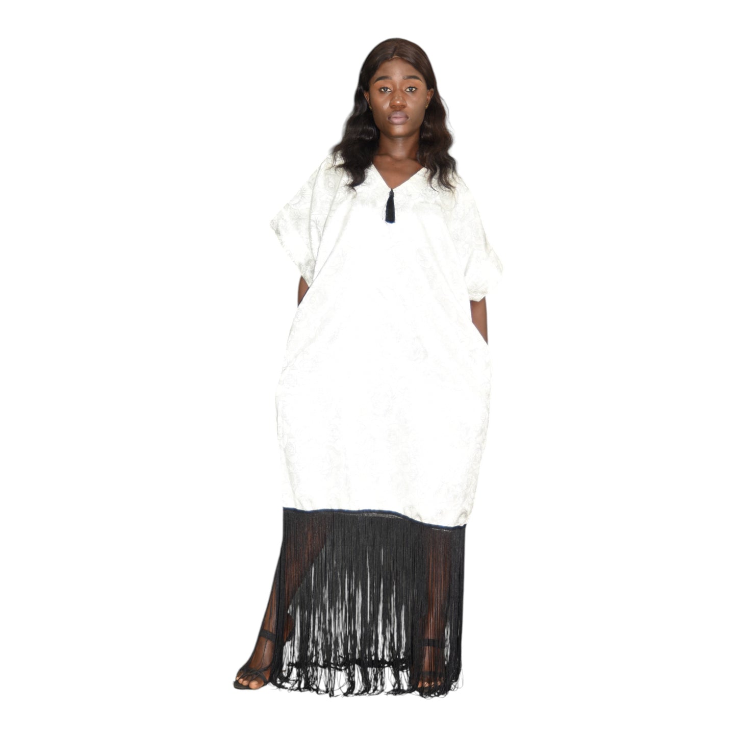 Afritude Short Gown Fine Fabric White &amp; Black Extra Large