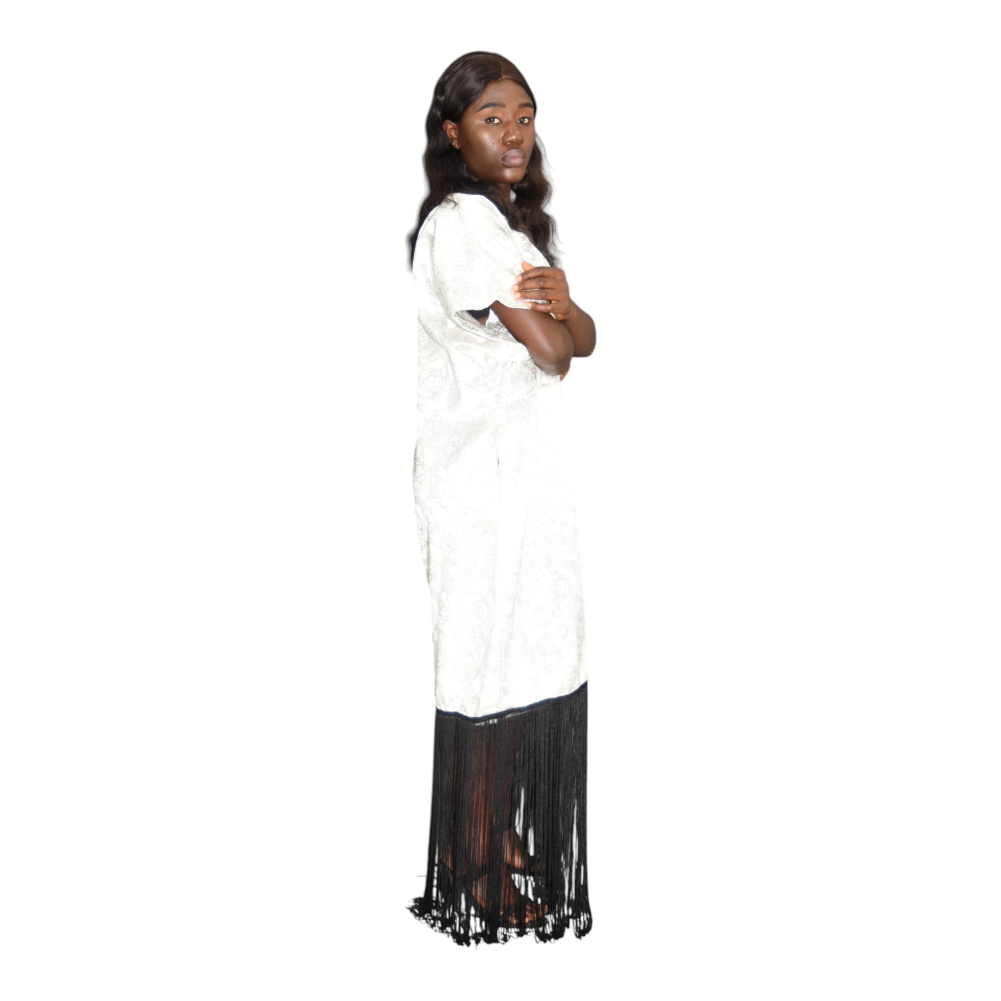 Afritude Short Gown Fine Fabric White &amp; Black Extra Large