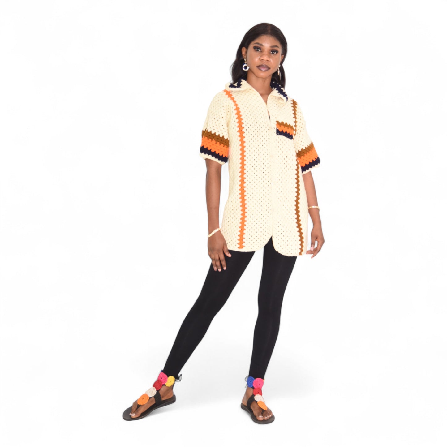 Crochet Female Jacket Wool Cream White Large