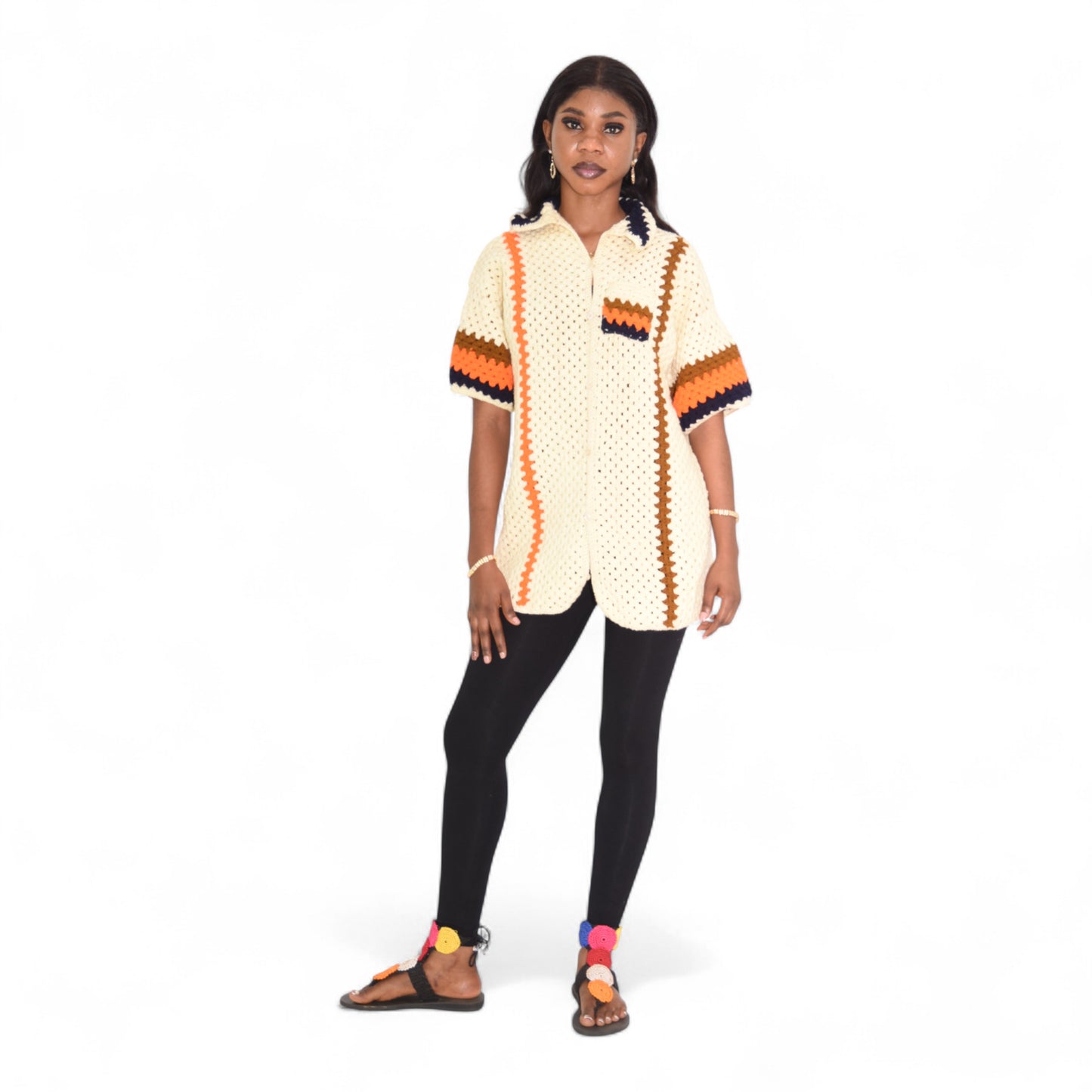 Crochet Female Jacket Wool Cream White Large