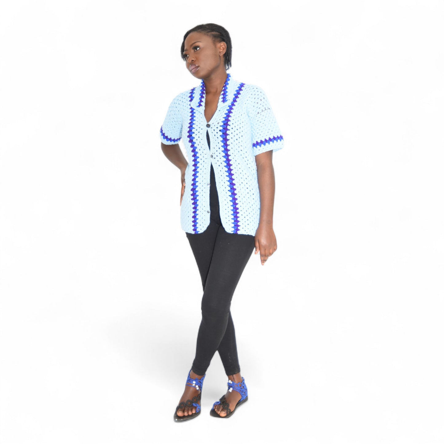 Crochet Female Jacket Wool Light Blue Extra Large