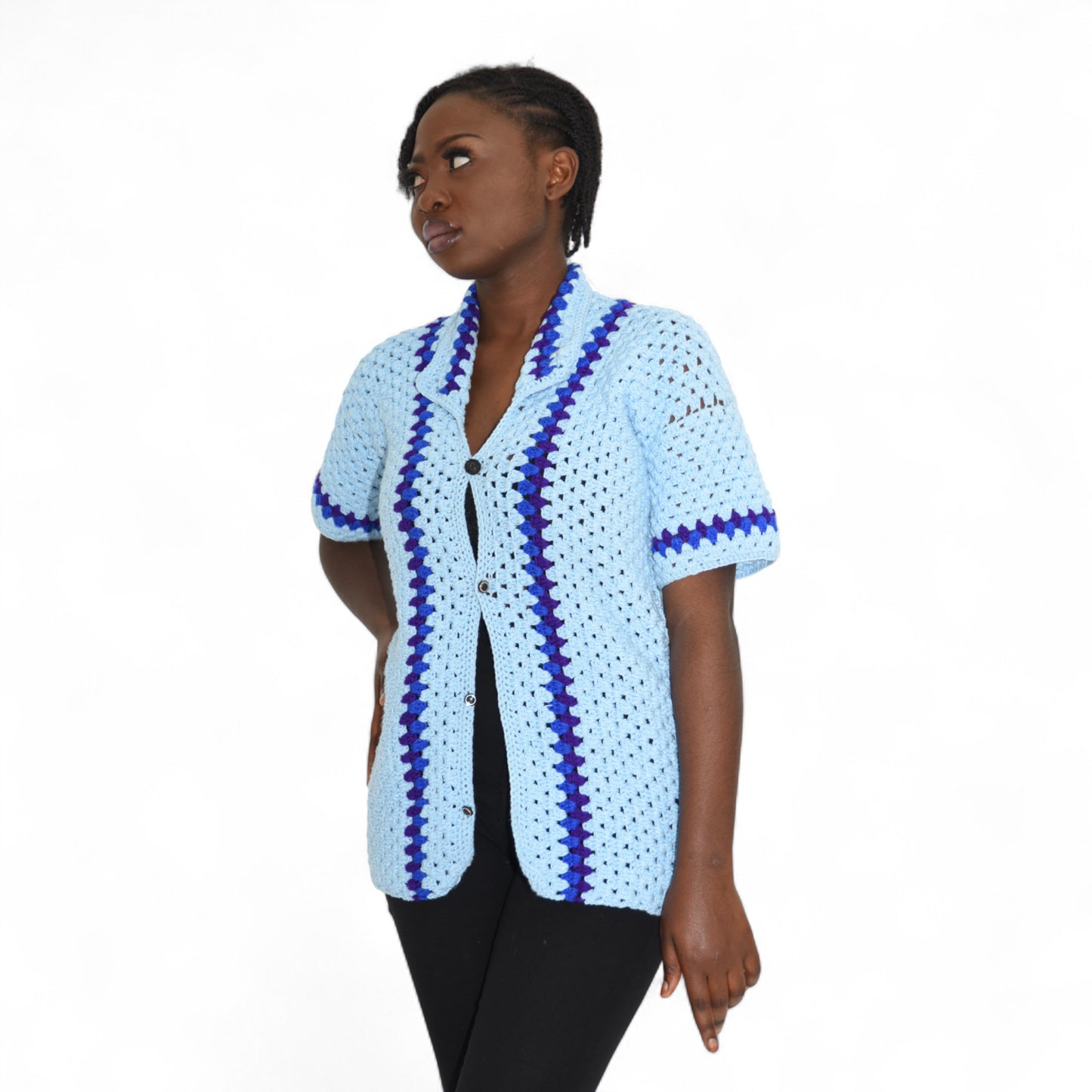 Crochet Female Jacket Wool Light Blue Extra Large