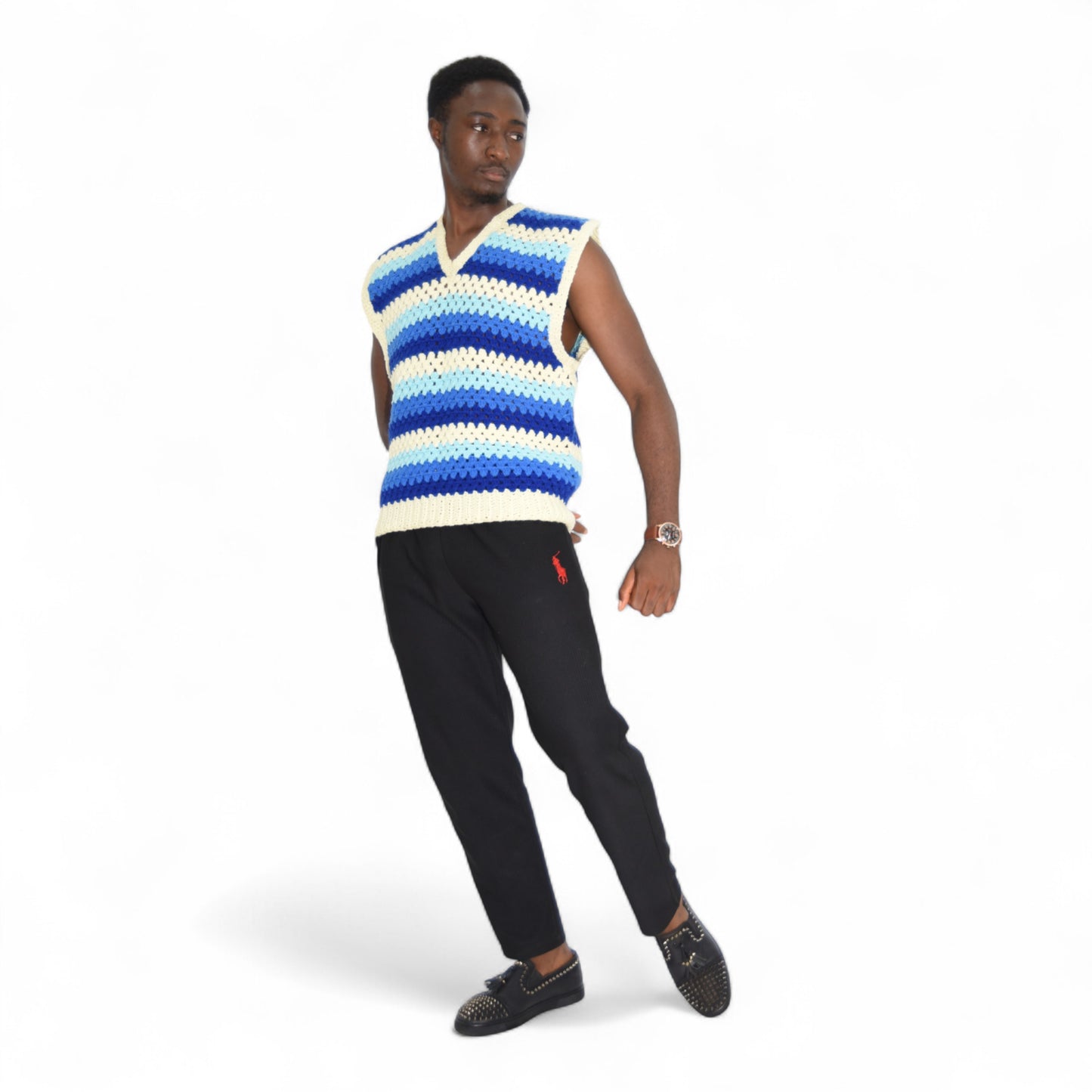 Crochet Top Wool Blue & White Large