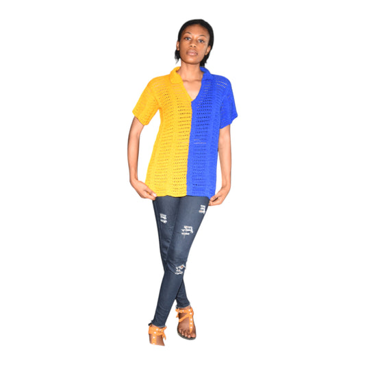 Crochet Top Wool Yellow & Blue Large