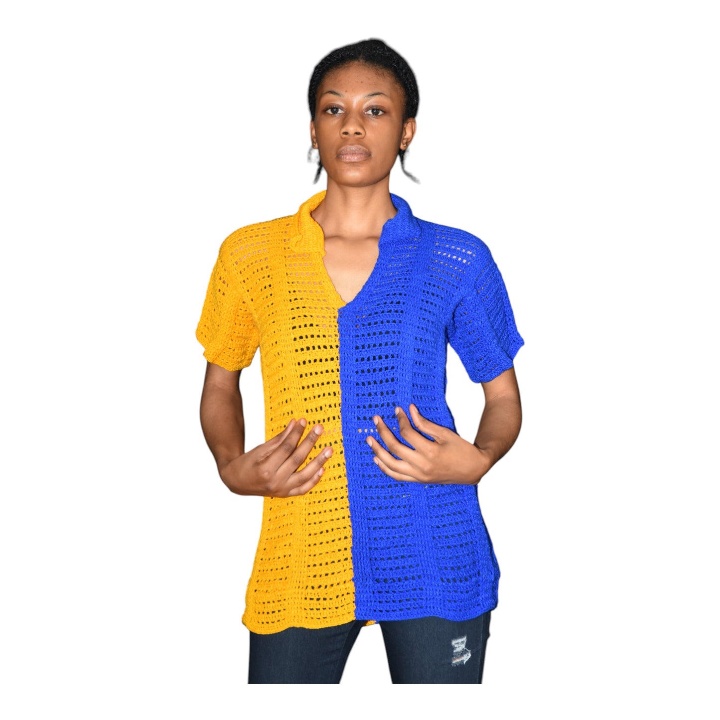 Crochet Top Wool Yellow & Blue Large