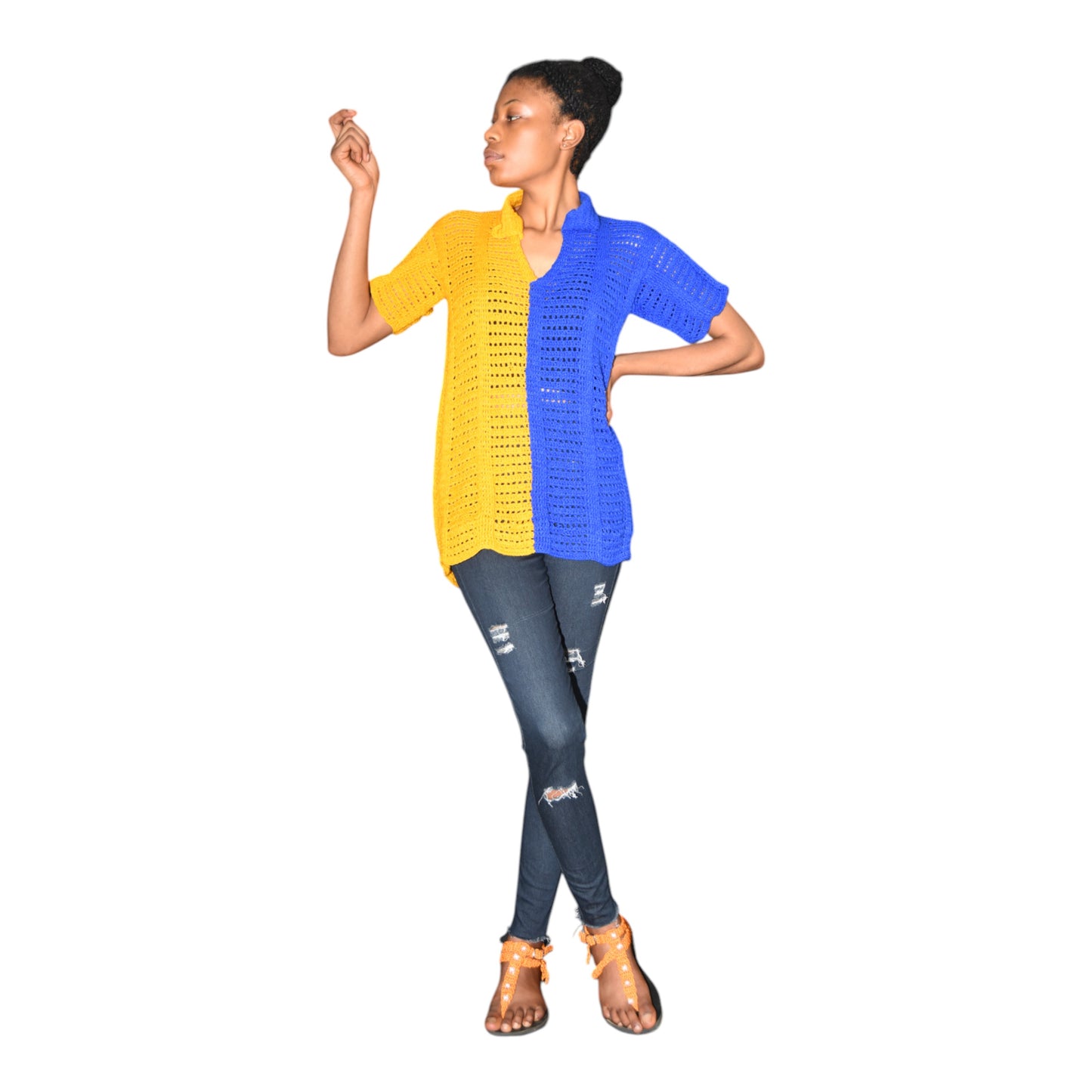 Crochet Top Wool Yellow & Blue Large