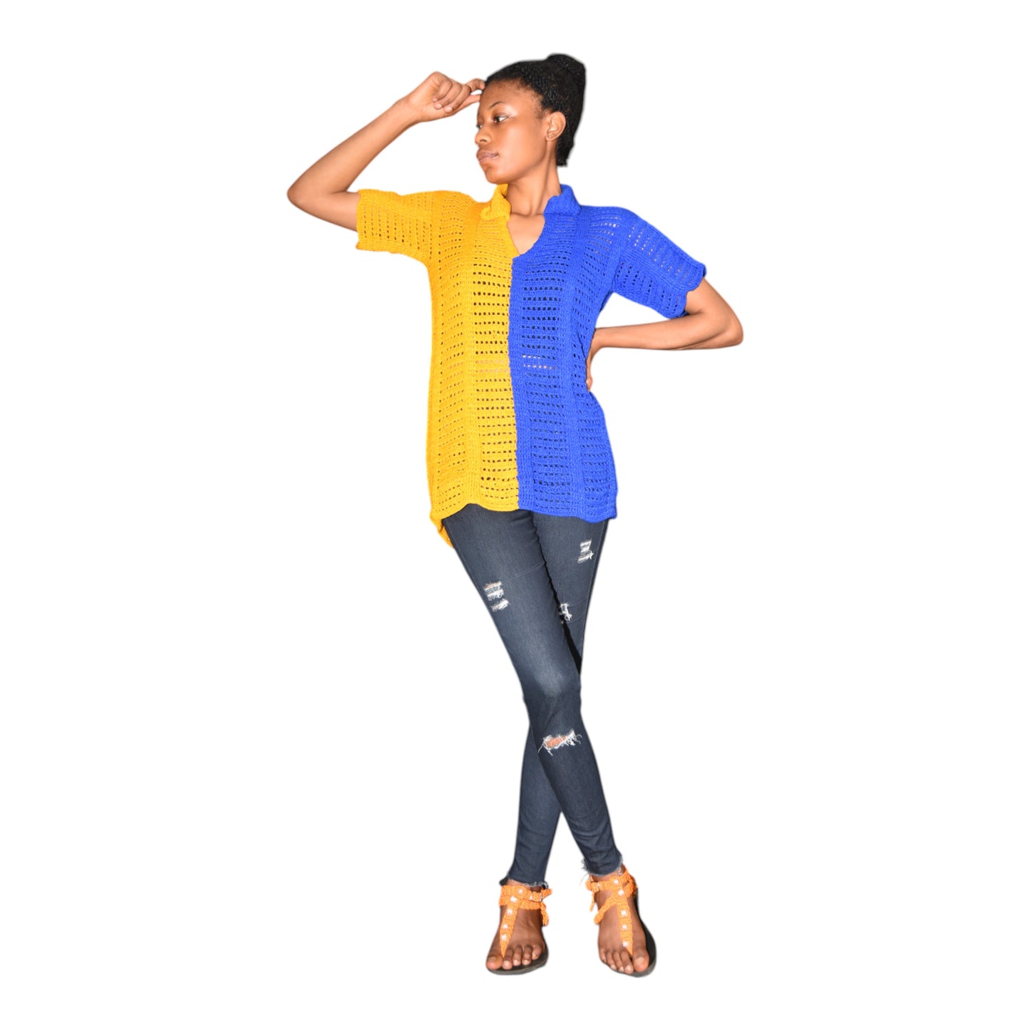 Crochet Top Wool Yellow & Blue Large