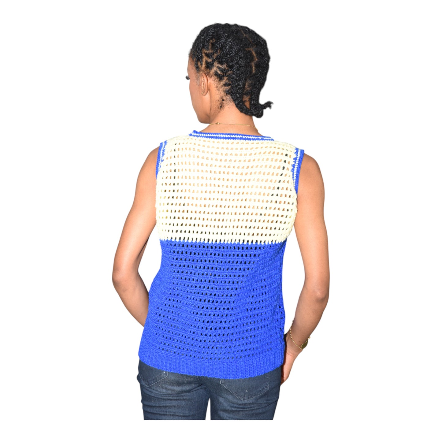 Crochet Female Polo Wool Blue & White Medium