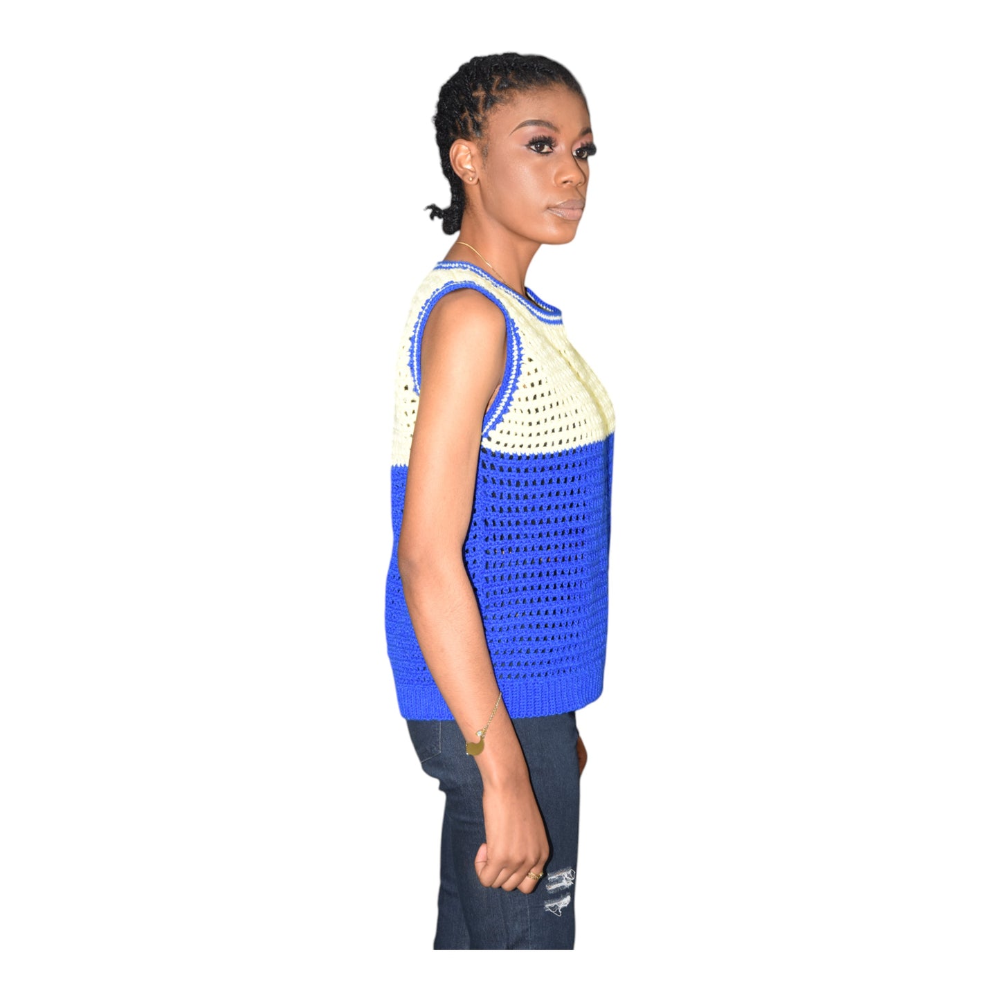 Crochet Female Polo Wool Blue & White Medium