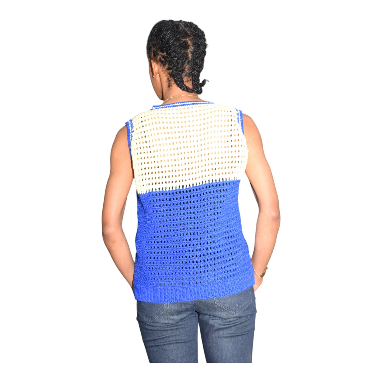 Crochet Female Polo Wool Blue & White Medium