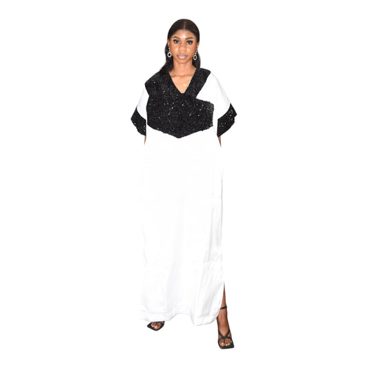 Afritude Long Gown Fine Fabric White & Black 2 Extra Large