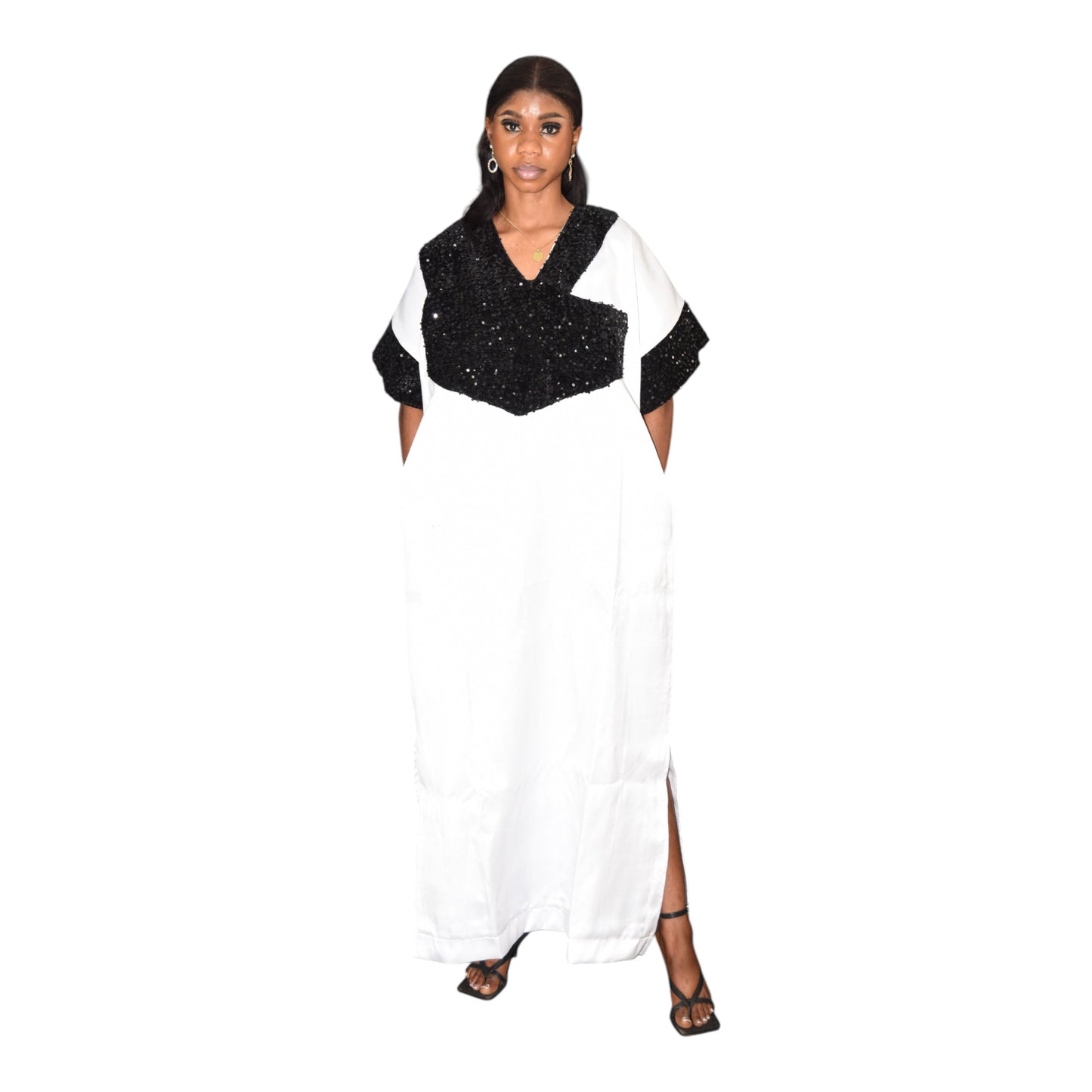 Afritude Long Gown Fine Fabric White & Black 2 Extra Large