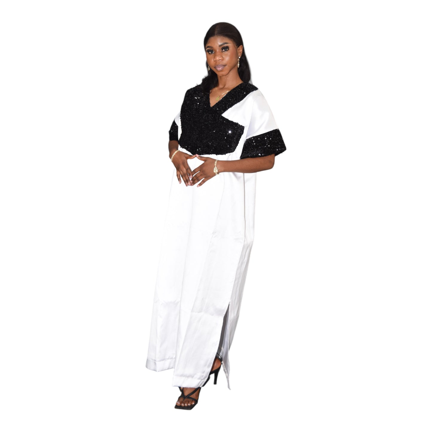 Afritude Long Gown Fine Fabric White & Black 2 Extra Large