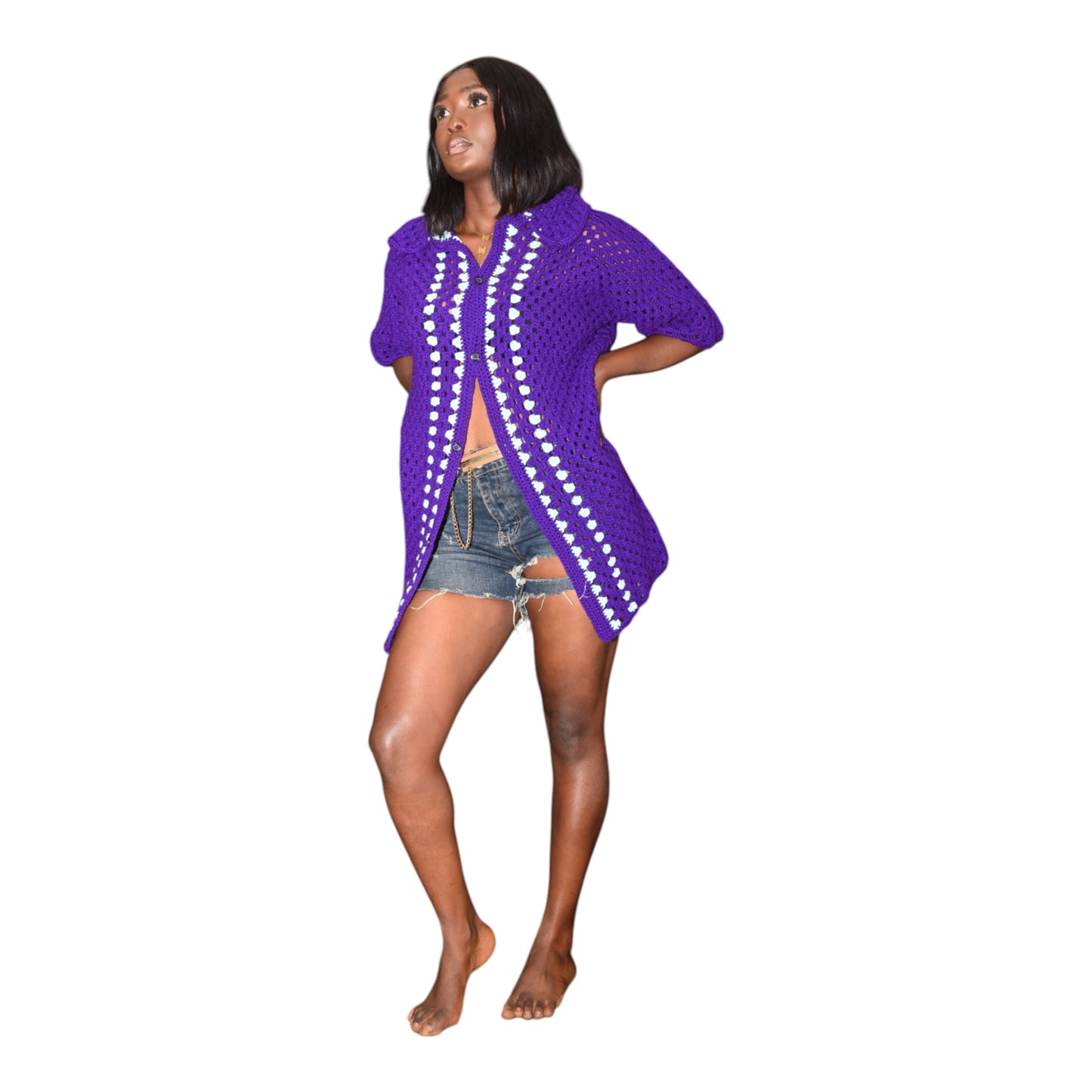 Crochet Female Jacket Wool Blue 2 Extra Large