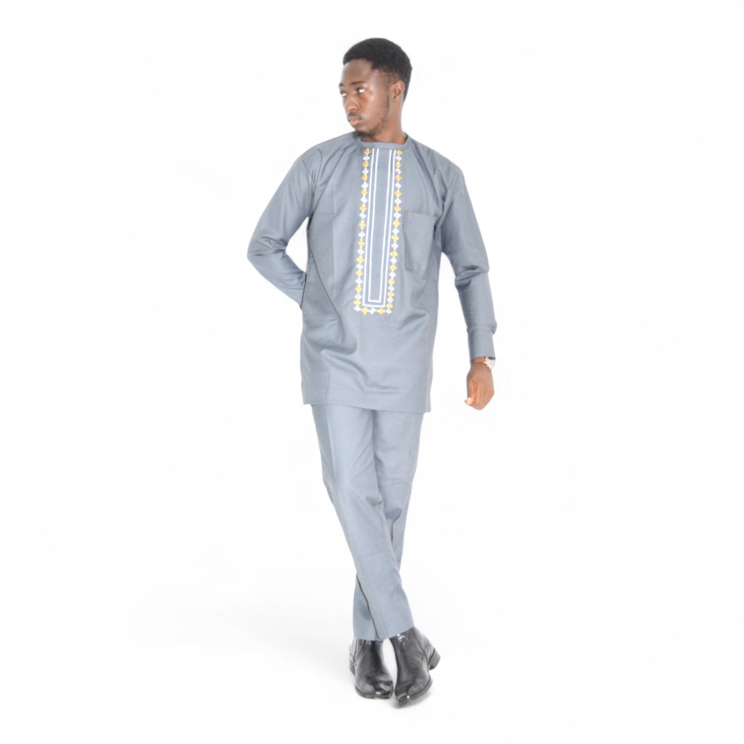 Handcrafted gray African senator outfit – fine fabric men’s attire