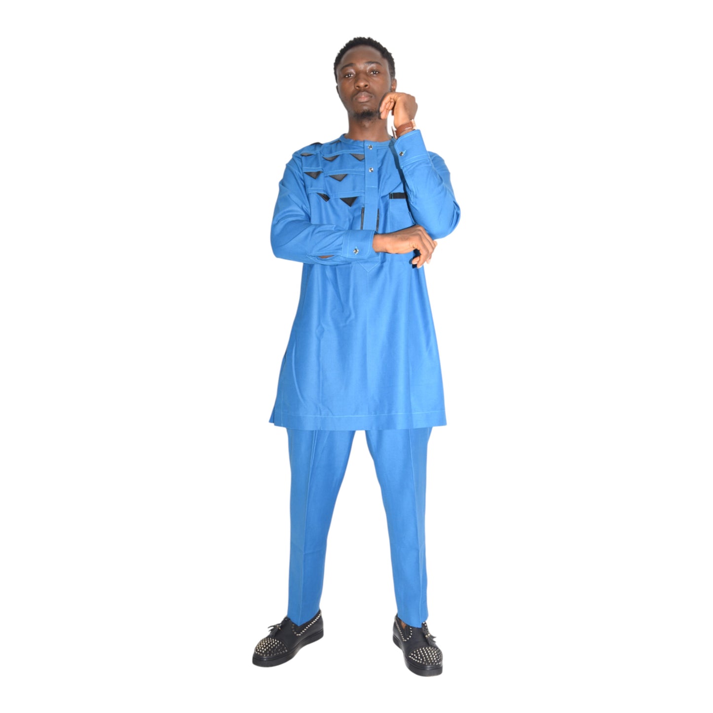 Model wearing blue fine fabric Senator outfit handcrafted in Africa