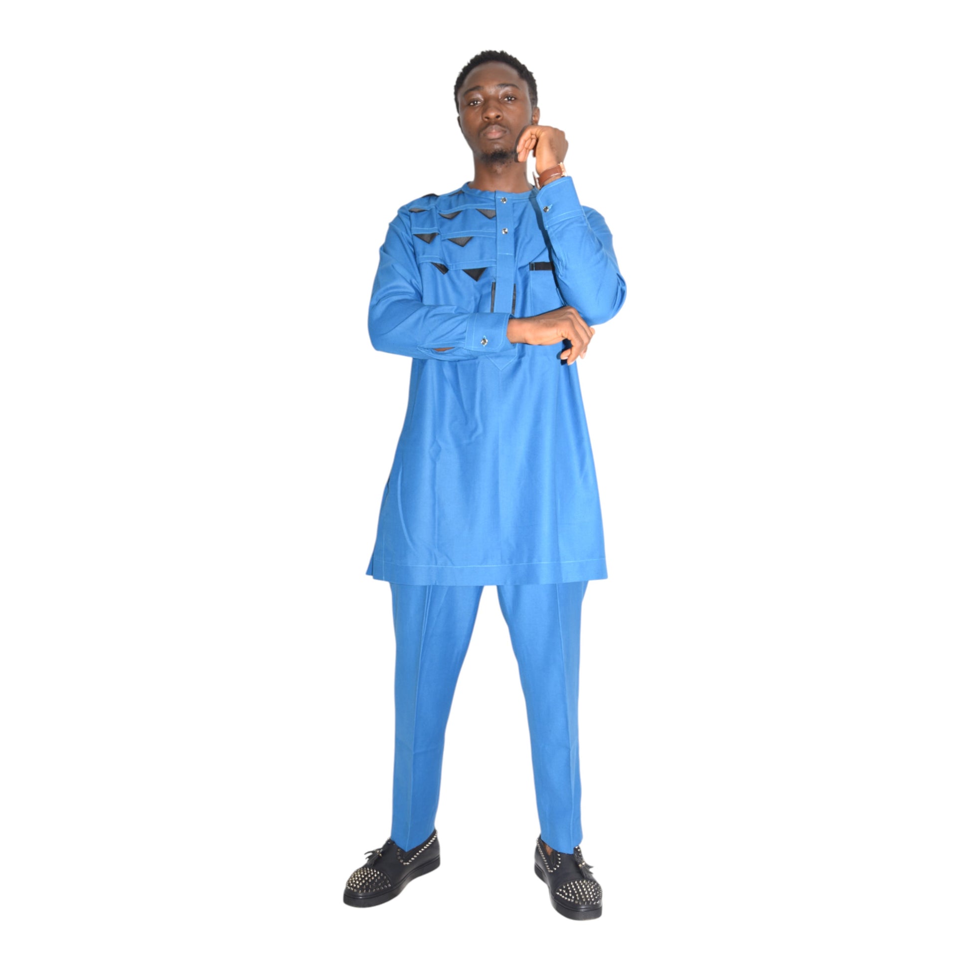 Model wearing blue fine fabric Senator outfit handcrafted in Africa