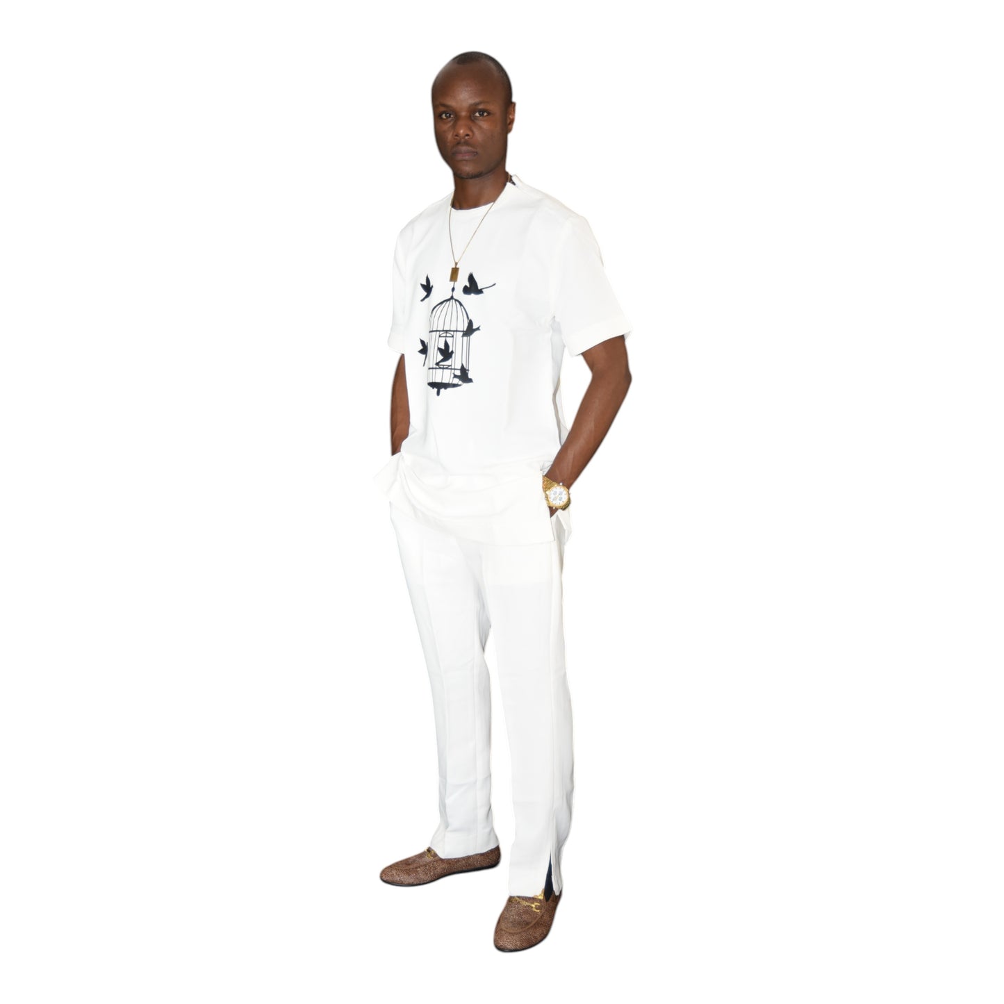 Model wearing white African senator set – handmade men’s fashion